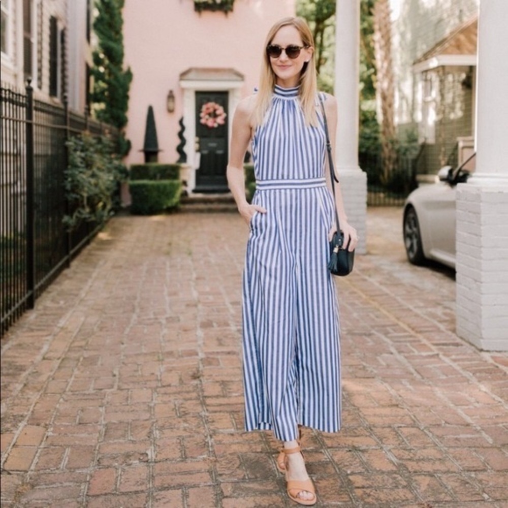 J. Crew Blue & White Striped Halter Neck Jumpsuit